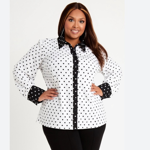 Ashley Stewart Dot Colorblock Long Sleeve Button Up Blouse Size 22/24 Worn Once! - Picture 1 of 8